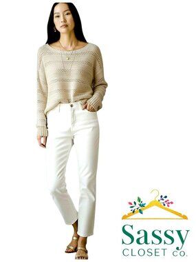 CHICO'S Ivory Silver Metallic Ribbed Sweater 0 S 4 6 Spring Shimmer Knit EUC